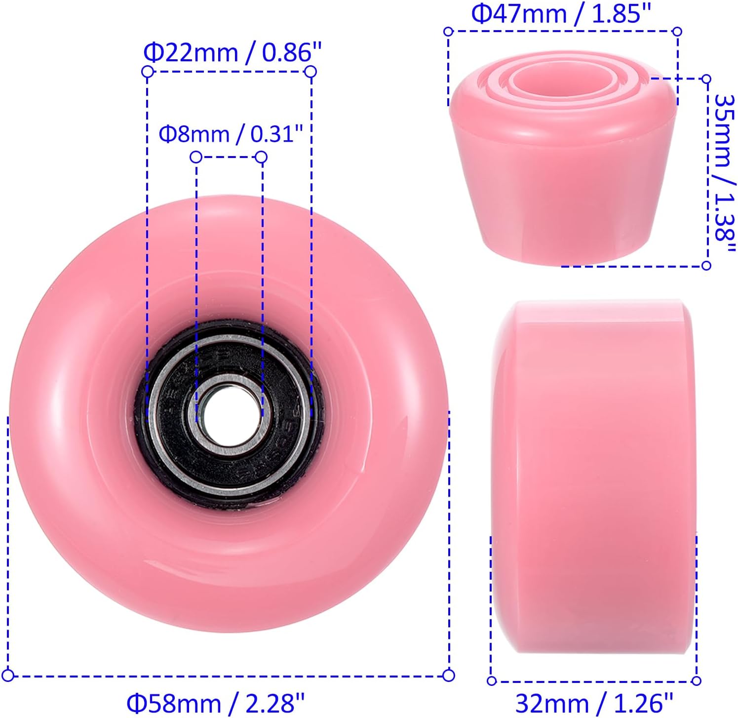 8 Pack Roller Skate Wheels - Quad Skates Wheels with Bearing Installed & 2 Toe Stoppers Apply to Outdoor Double Row Skating (58x32mm, 82A, Pink)