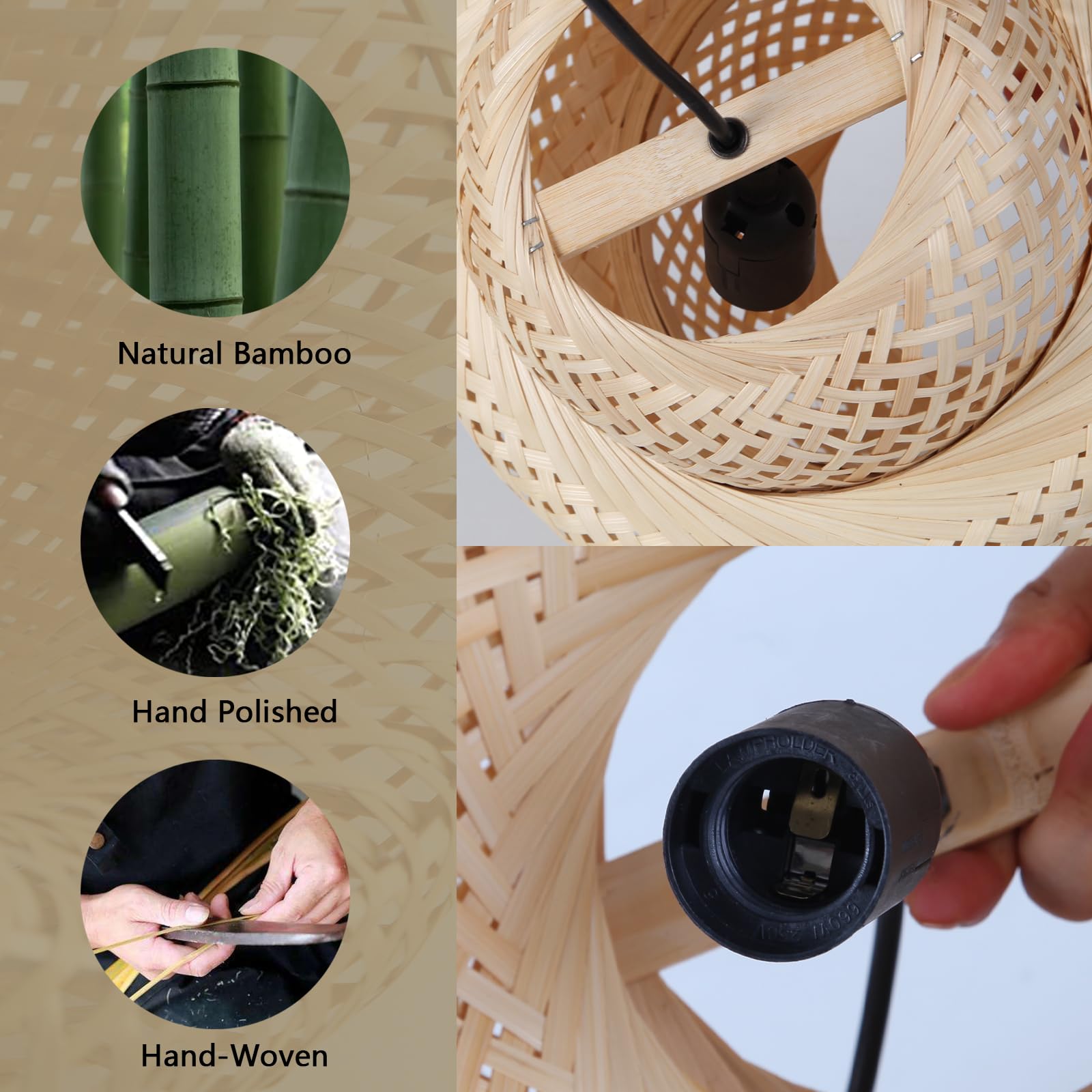 HuisMier Plug-in Pendant Light – Handwoven Rattan Bamboo Lampshade With Dimmable Switch, 15ft Cord, Boho Style