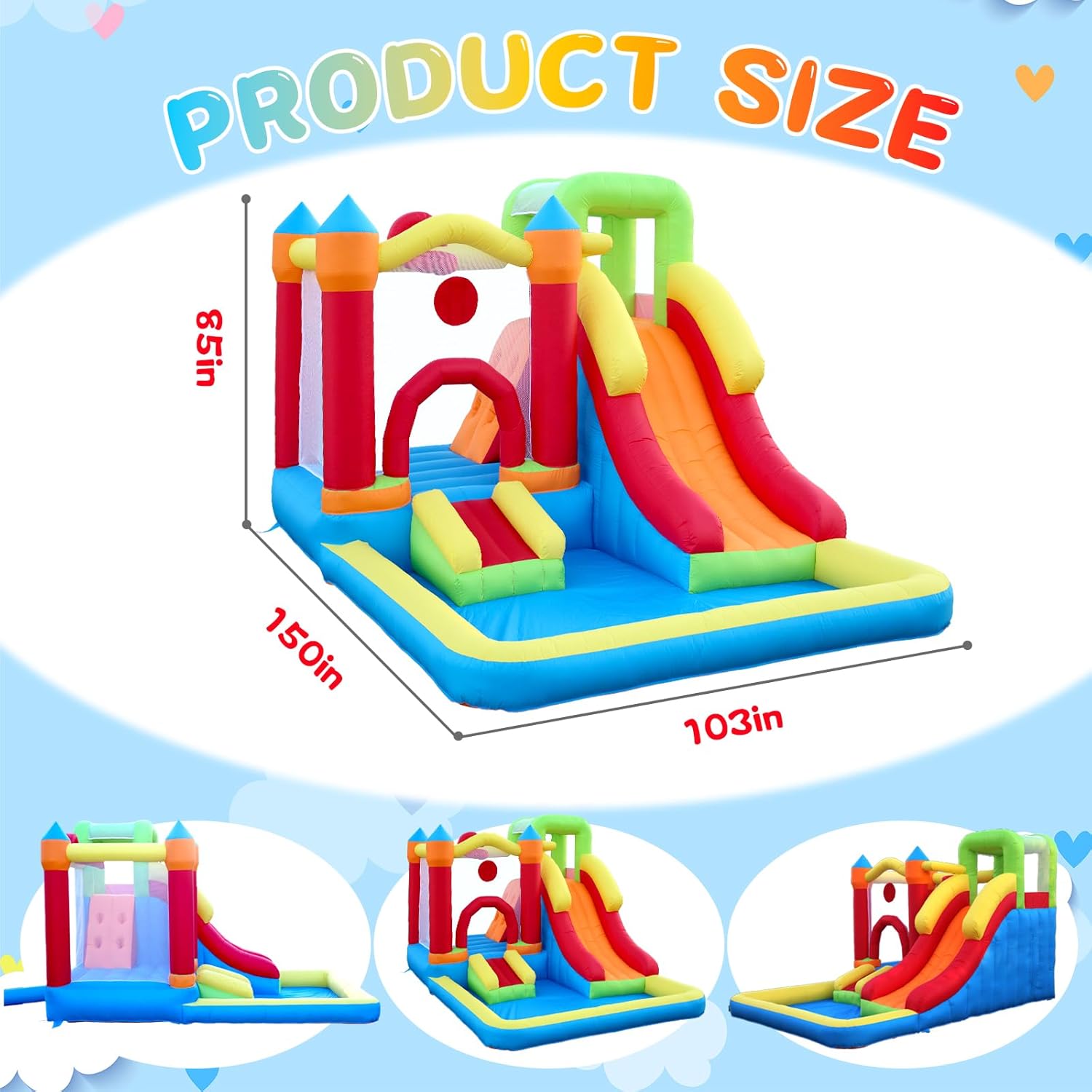 Bounce House, Inflatable Bounce Castle with Slide and Jumping Area for Kids, Bouncer w/Basketball Rim, Blower, Ball Pool, for Children's Toy Gift Indoor Outdoor