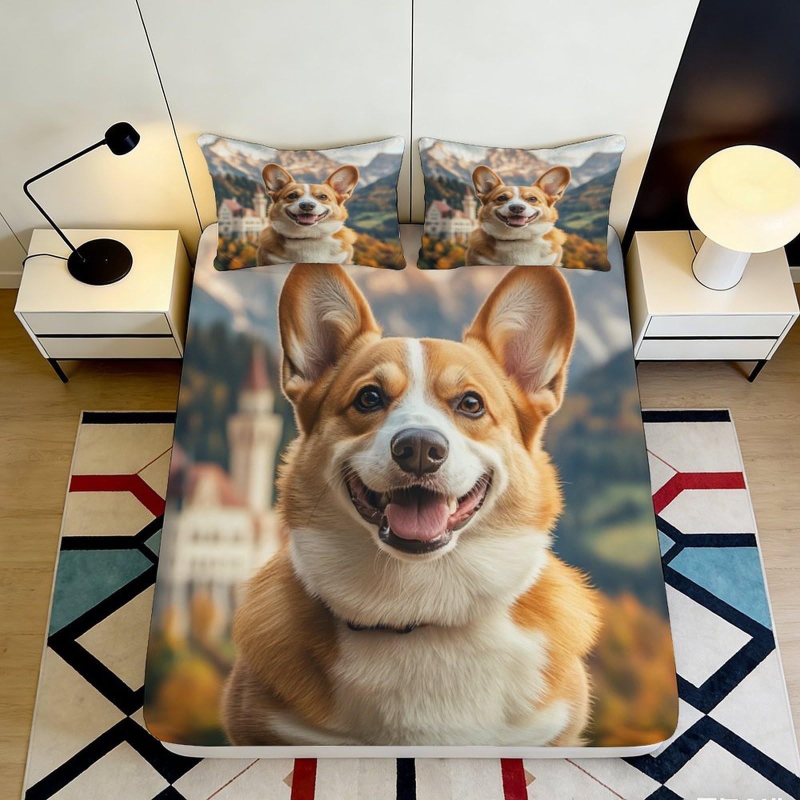 3D Printed Corgi Landscape Fitted Sheet Microfiber Anti-Slip Dog Castle Mattress Cover Bedroom Decor Easy Care 200x200x25cm