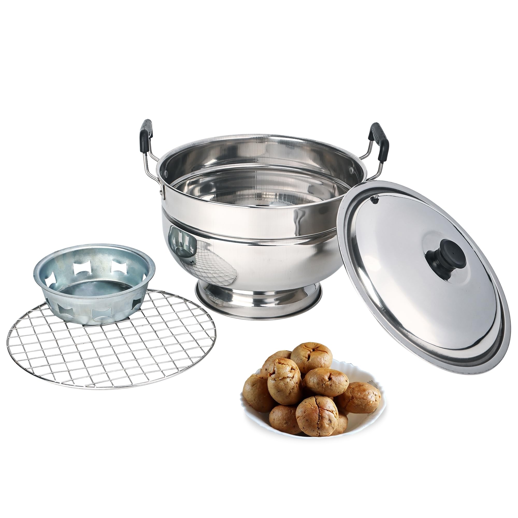 Kuber Industries Stainless Steel Bati Cooker & Gas Tandoor for Home Kitchen | Pizza Maker/Chicken & Paneer Tikka Barbeque Griller | Non-Induction Oven & Litti Maker on Gas | Silver