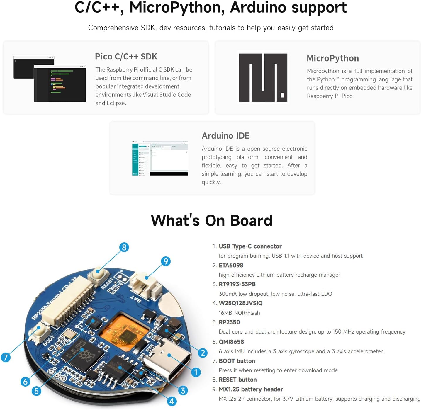 Waveshare RP2350 MCU Board, with 1.28inch Round Touch LCD, Dual-core & Dual-Architecture Design, 240×240 Pixels, 65K Color, IPS Panel, with Case