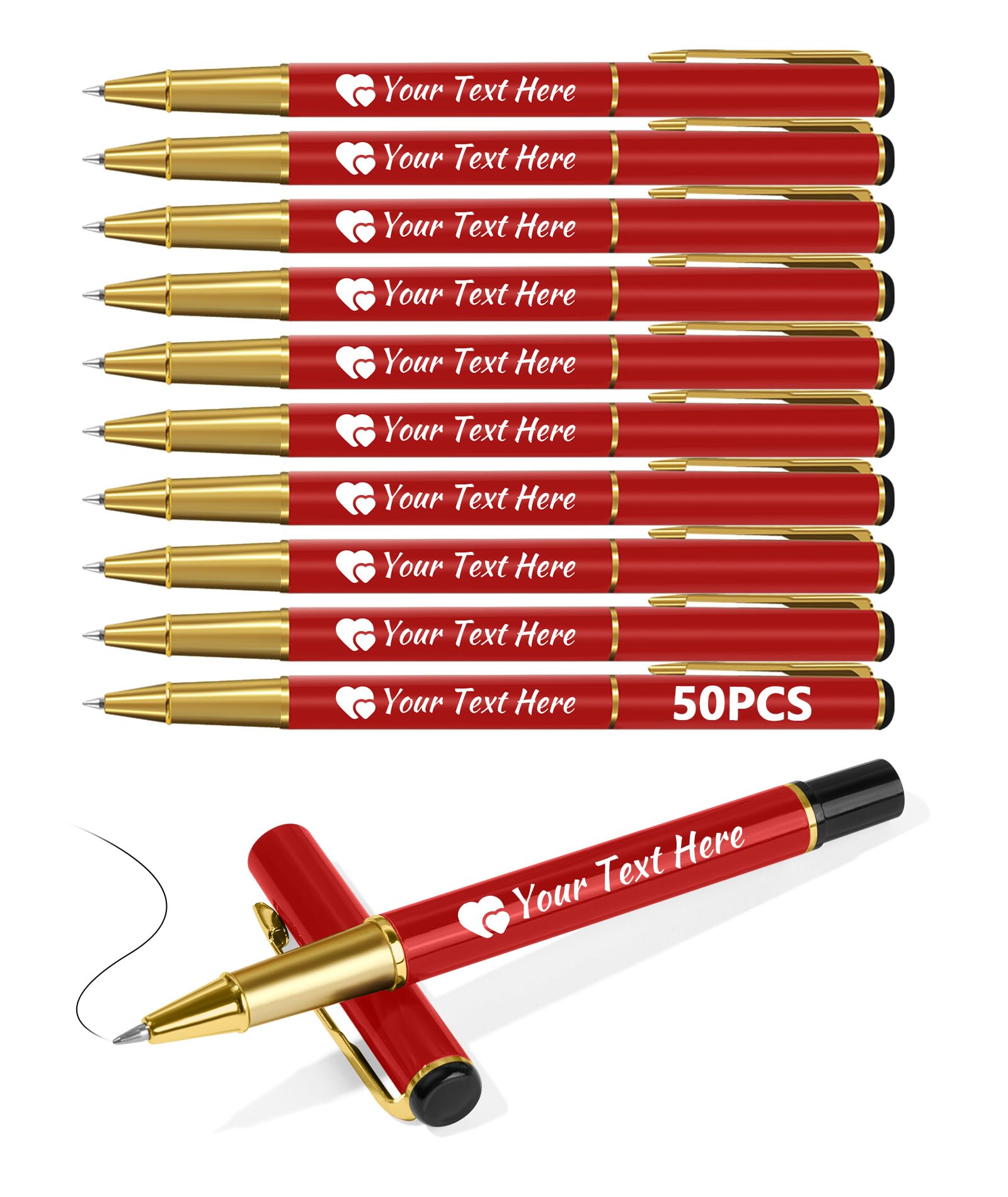 Customised Pens - Personalised Pens Bulk Pack Bussiness Ballpoint Pens with Free Engraving, Customisable Pens with Your Name, Text or Message, Perfect for Office/Students/Teacher/Lawyer,Red,50 pcs