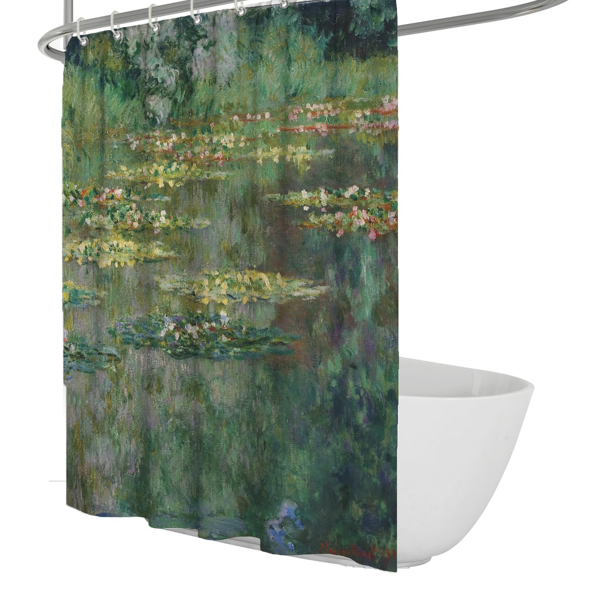 OLLIAR Home Vintage Water Lilies Oil Painting Shower Curtain Impressionist Pond Floral Lotus Printed Cloth Bath Curtain Washable Fabric with Hooks Green 100x200cm