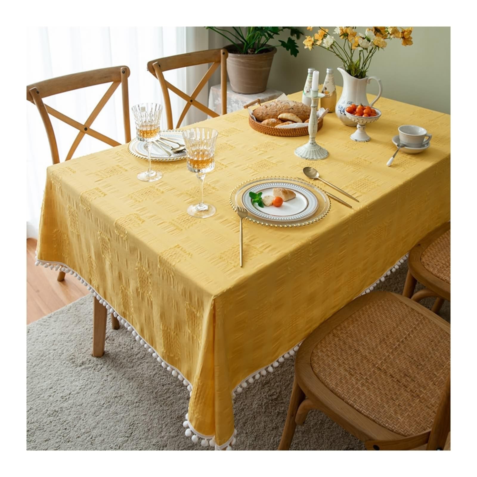 Tablecloth żółty, bawełniany obrus jednokolorowy z aksamitną piłką obrus zmywalny, prostokątny, 140 x 200 cm
