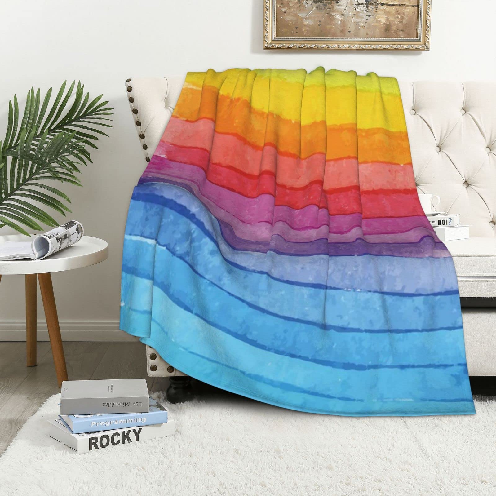 Couverture flanelle arc-en-ciel légère et chaude pour nuits fraîches sur sofa