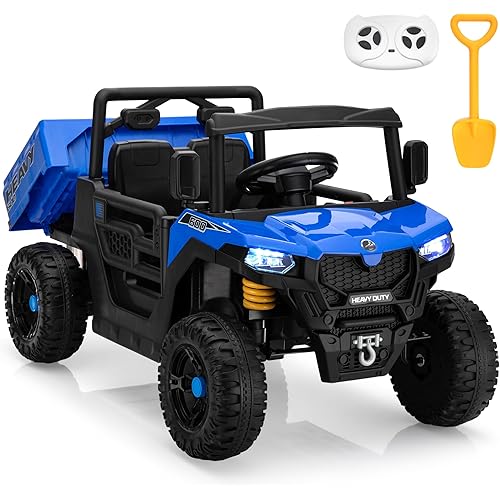 TOBBI Ride on Dump Truck with Electric Dump, Ride on Car with Remote Control, Kids Car to Drive Battery Power Wheels Electric Car Toys for Kids Toddlers Aged 3-8 with Music Player LED Light