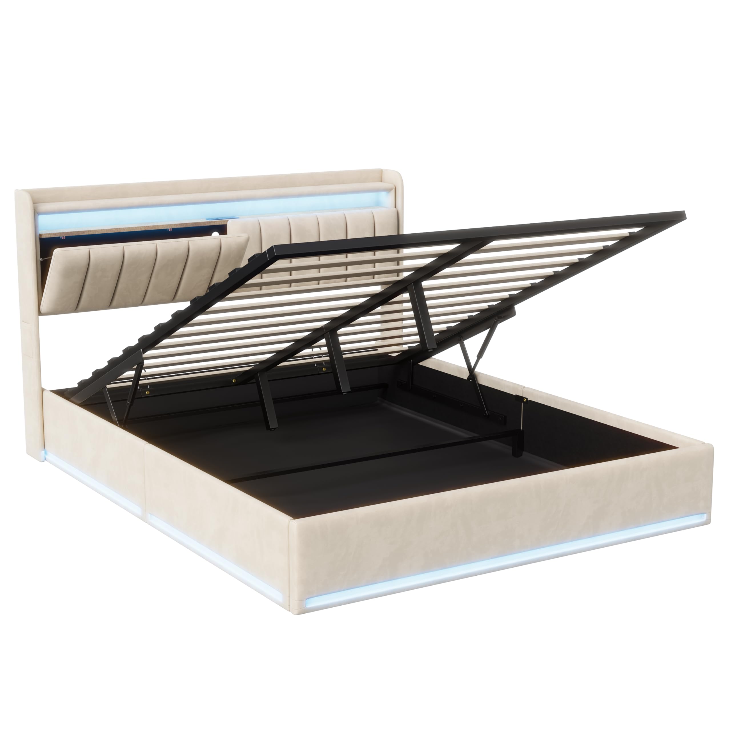 CDQL Cama tapizada de Matrimonio de 140 x 200 cm, con Conexiones USB y Type-C en el cabecero, estantes Abiertos y Compartimento Oculto, iluminación LED integrada, Terciopelo, Beige