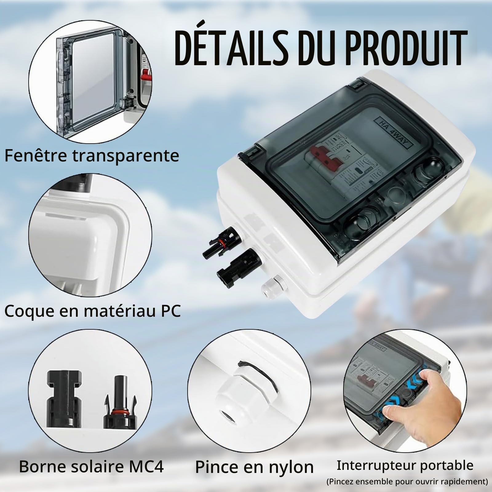 Protection Contre Les Surtensions PV, Disjoncteur 1 Entrées 1 Sorties DC Disjoncteur Protection Contre Foudre 1 Chaînes 1000V DC 40A 20-40KA Boîte Connexion du GénéRateur Boîte Connexion Solaire IP65