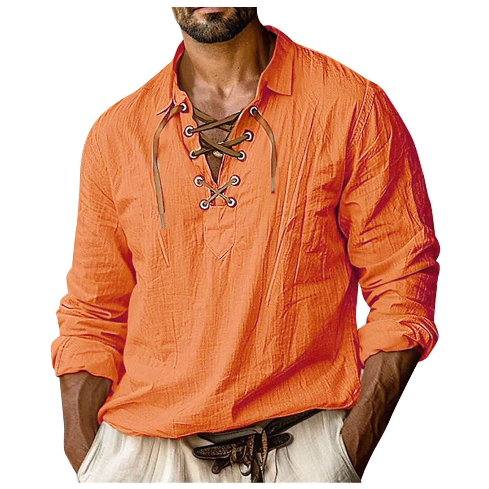 Pirate Costume Linen Shirt Hat 1950s Men's Clothing Mens Classic Lace Up Long Sleeve Casual Medieval Vintage Men Kilts for Sword Halloween Costumes Red XXL