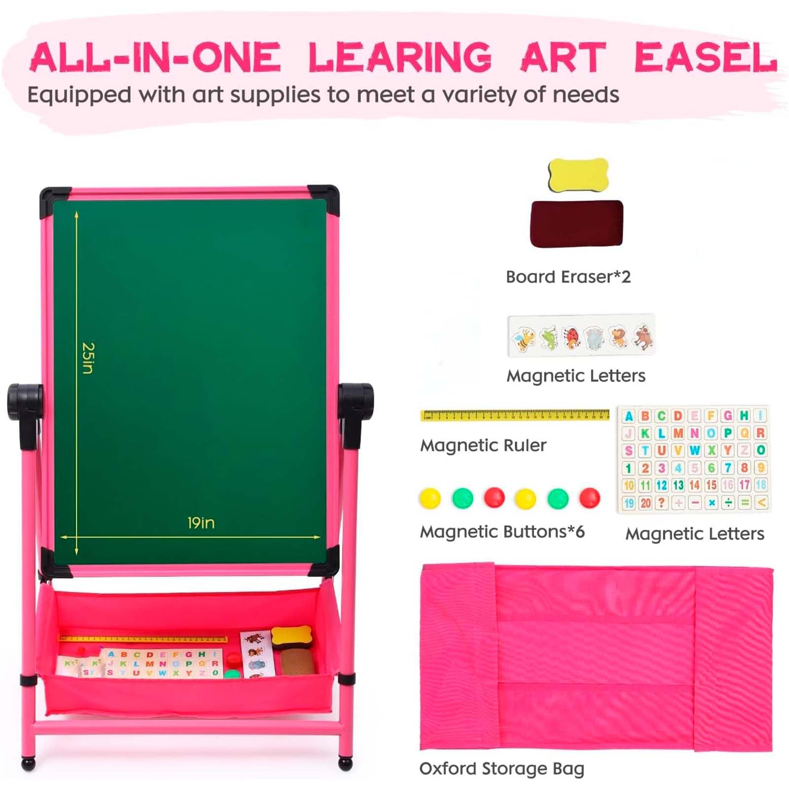 Caballetes para Niños, Pizarra Para Niños,Pizarra con Caballete,Pizarra Caballete Infantil de Doble Cara con Altura Ajustable & Giratoria 360°(Rosa)