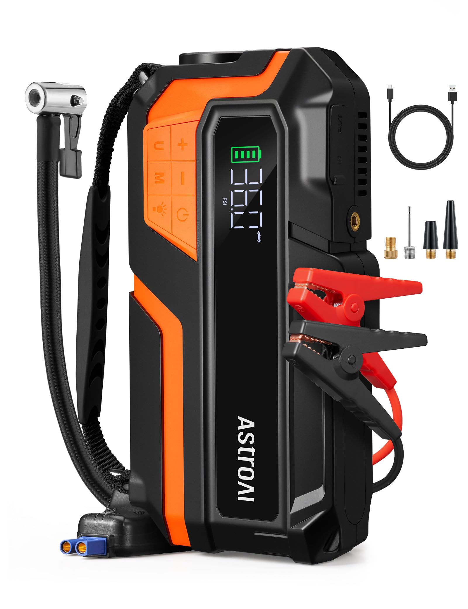 AstroAI Auto Starthilfe Powerbank für pkw mit 150PSI Kompressor, 8000A Starter Powerbank für 10 L Benzin / 8 L Diesel,für 12 V Autos, Motorräder, SUVs, Booster Auto Starthilfe mit LED-Display, Orange