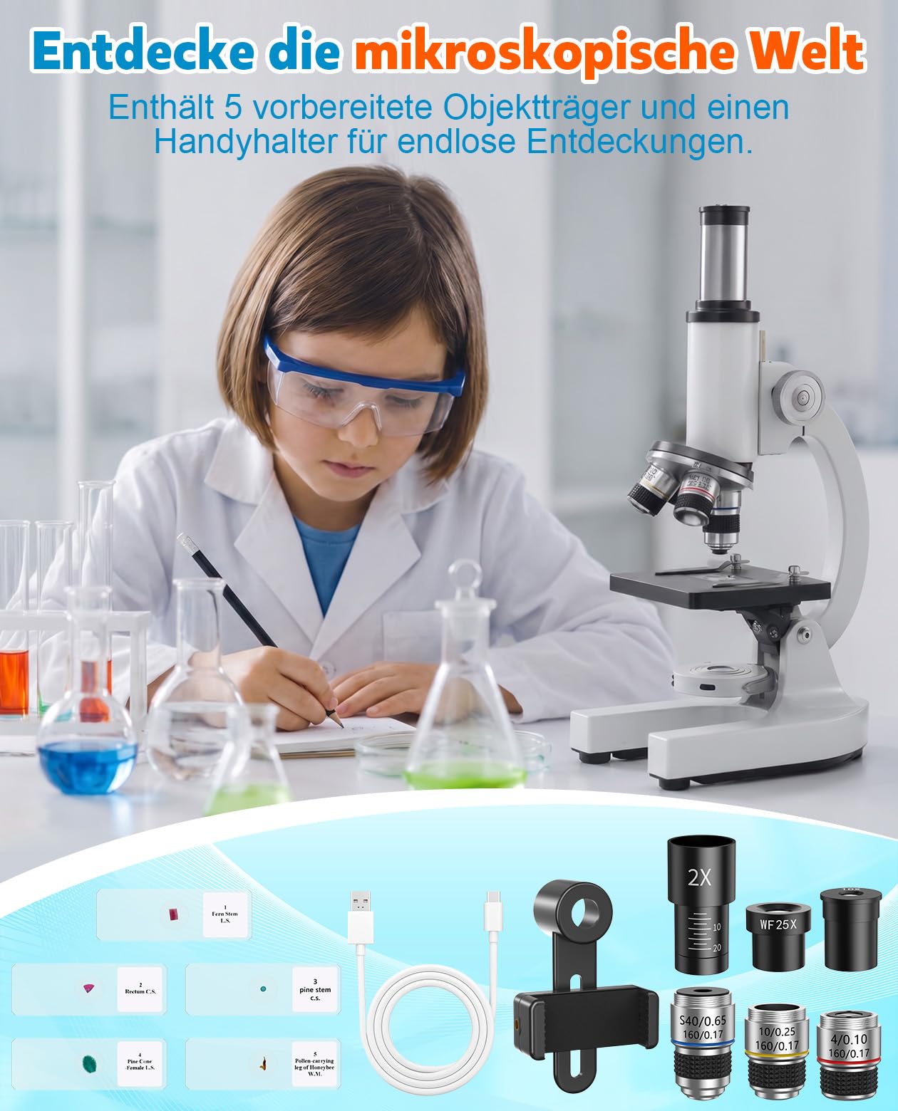 40X-2000X Mikroskop für Kinder Schüler Erwachsene: Biologie Monokulares Mikroskop für Labor, Zuhause und Schule - Microscope mit Koffer, Objektträgern, Telefonhalter - Geschenk für Kinder AB 6