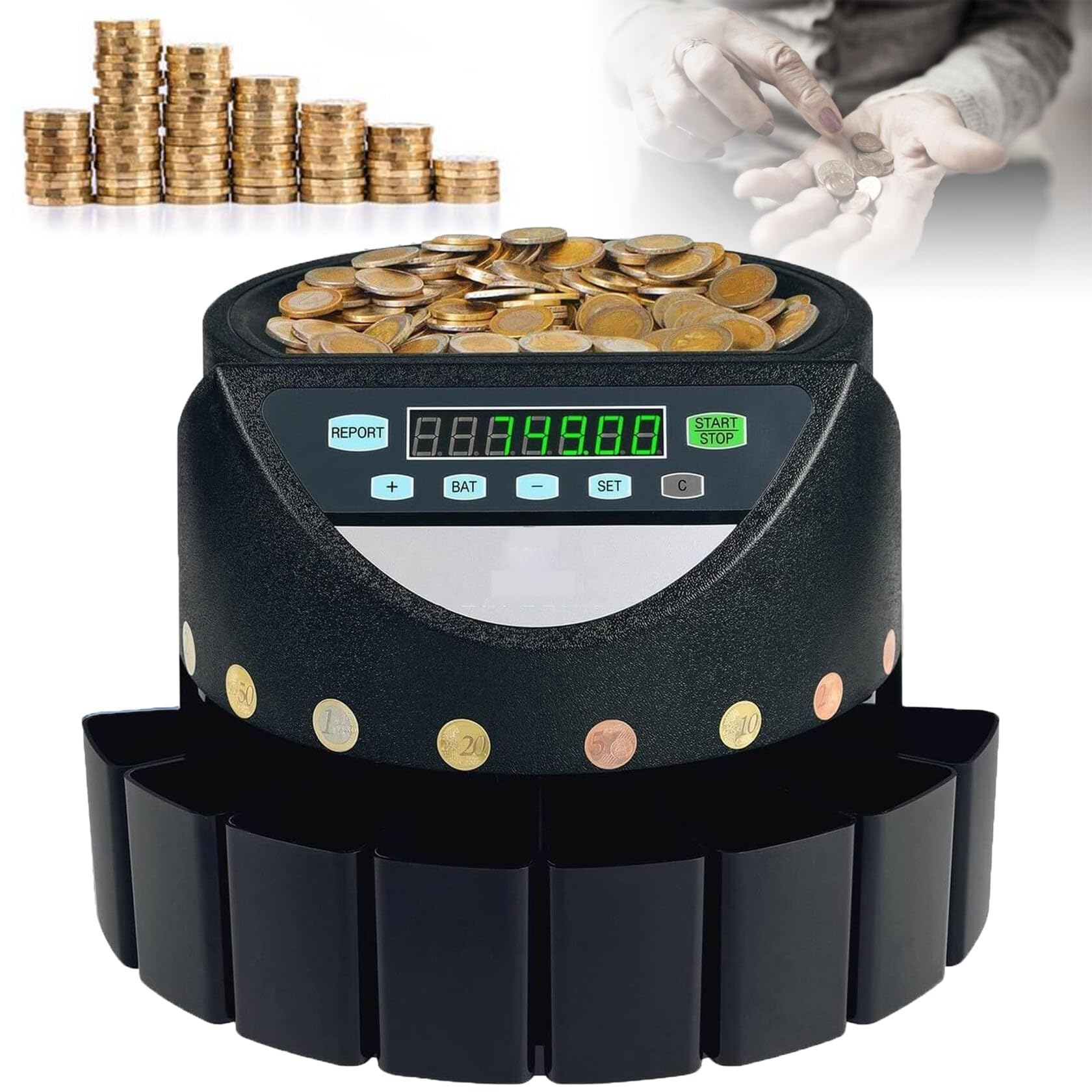 Contamonete, contamonete Automatico Elettrico, Display a LED, per Monete e gettoni di Tutti i Tipi (Black)