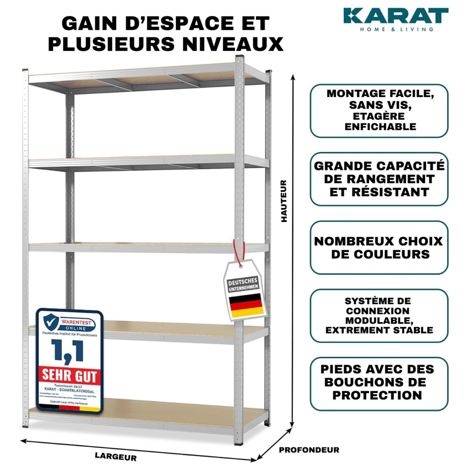 KARAT - Étagères pour Charges Lourdes - Étagères Enfichables avec 5 tablettes réglables – Rayonnages en métal Idéal pour Cave Garage Entrepôt - Galvanisé 180 x 90 x 40 cm
