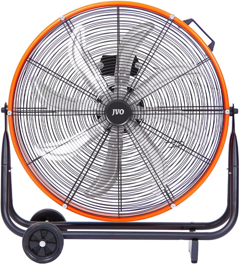 JVO 24 Inch Industrial Floor Drum Fan - 9500 CFM Heavy Duty High Velocity Floor Fan with 8 Blades 3-Speed Big Ass Fan for Warehouse, Garage, Shop, Patios Heavy Duty Shop Fans & Garage Fans for Cooling