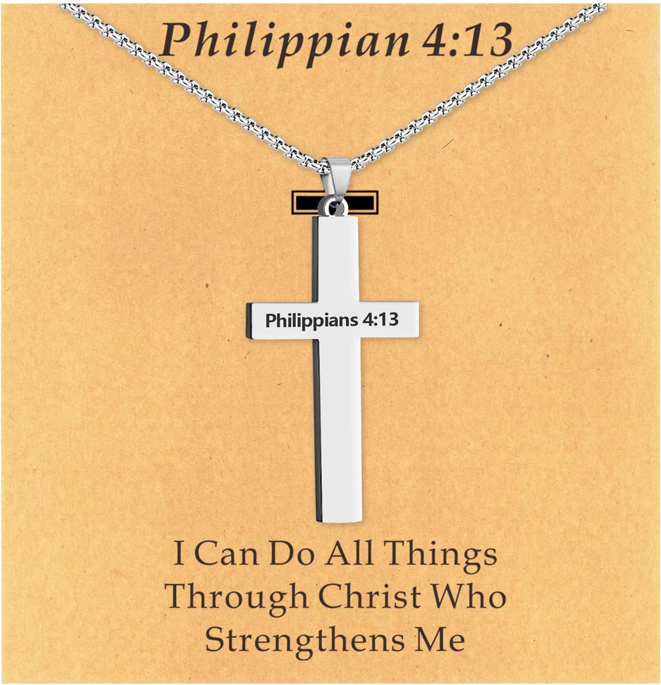 TOLOWOBKBible Verse Cross Necklace for Men Women, Stainless Steel Sliver Cross Pendant for Boys, Mens Polished Silver Cross Chain Christian Necklace Gifts with Inspirational Message Card