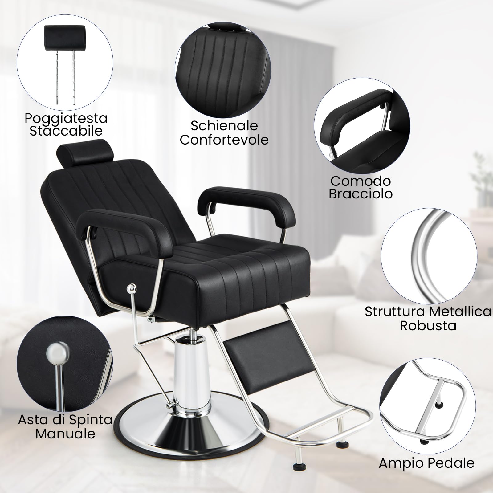 RELAX4LIFE Poltrona Parrucchiere, Sedia Barber 360° in Pelle PVC con Braccioli/Poggiapiedi, Schienale 100°-135°, Poggiatesta/Altezza Regolabile, Max 150KG per Salone (Nero, 106x60x(108-121) cm)