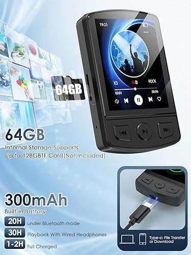 Miniatura 6 de Reproductor de MP3 con clip de 64 GB mini reproductor de MP3 con Bluetooth 5.2, reproductor de música MP3 portátil con auriculares, altavoz HiFi,