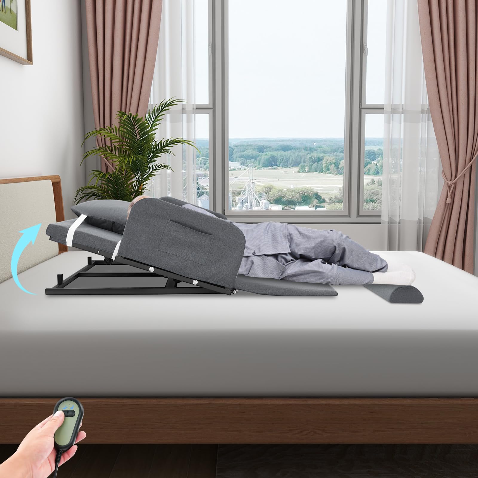 Respaldo eléctrico ajustable para camas de hasta 100 kg, inclinación de 10 – 80° con mando a distancia, barandillas laterales, incluye reposapiernas, cojín para personas mayores/cuidados, universal