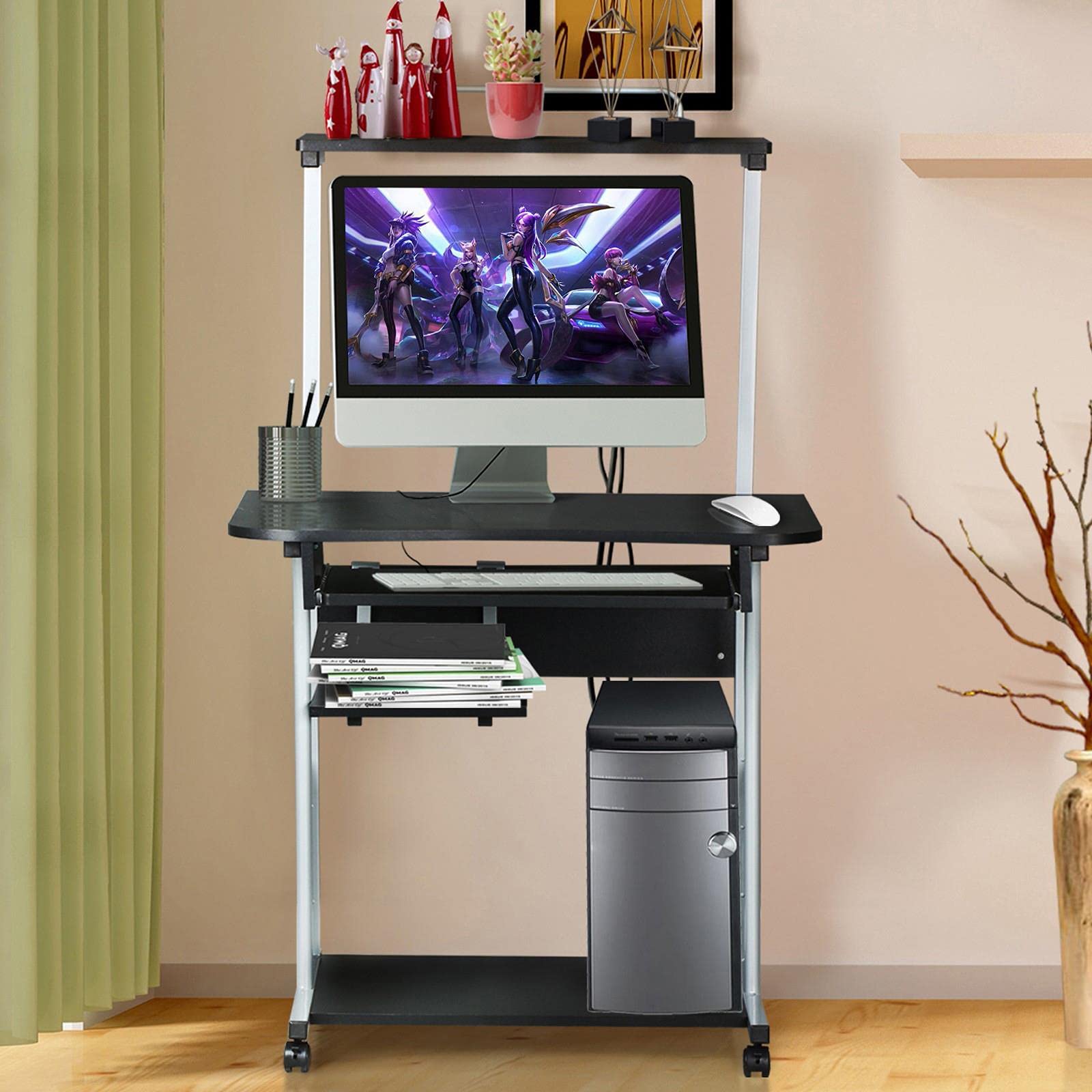 Yaheetech Scrivania per PC da Ufficio Tavolo Porta Computer con Stampante Ruote Tavolo Salvaspazio Mobile con Ripiani Tastiera Scorrevole Scrittoio da Studio Nera 80 x 50 x 132 cm