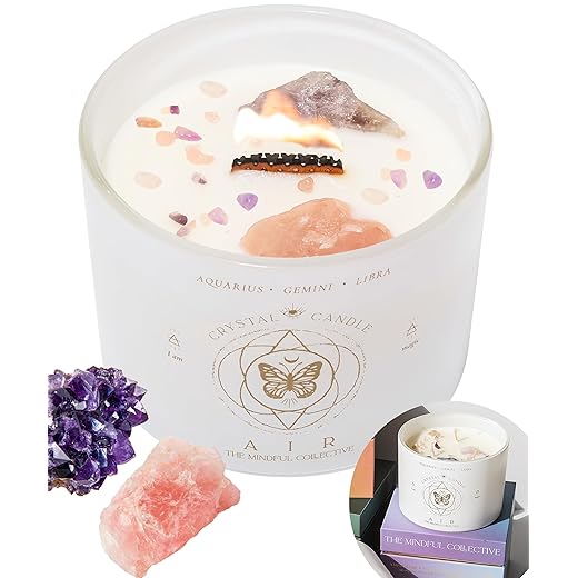 Aquarius, Gemini, Libra Gifts for Women - 12oz Wood Wick Candles That Crackle with Crystals and Healing Stones. Healing Crystal Candles for Women Home Scented. Soy Wax, for Zodiac Birthdate