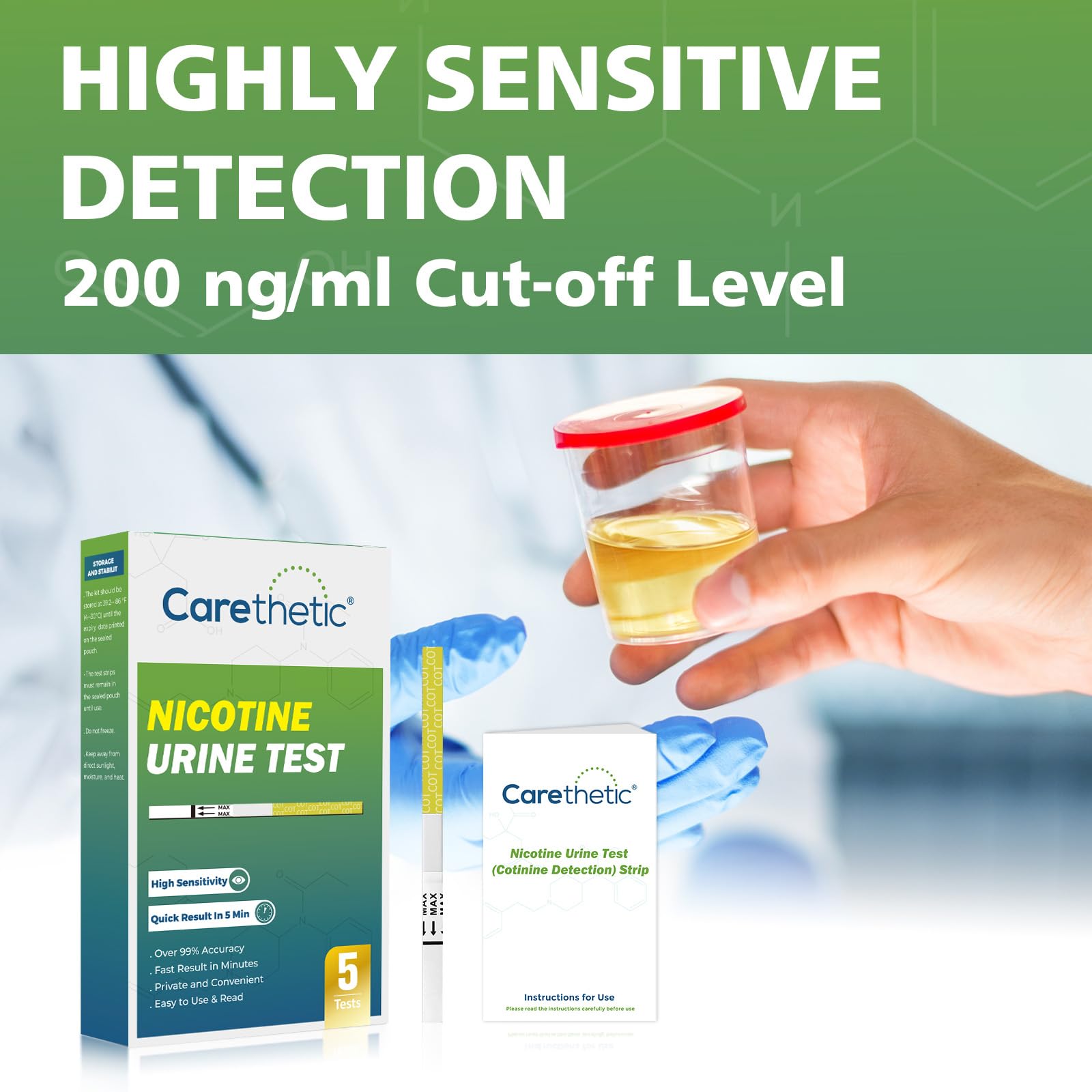 Amazon.com: Carethetic Nicotine Testing kit at Home - Highly Sensitive  Nicotine Cotinine Tobacco Urine Test Strips Detection at 200 ng/ml