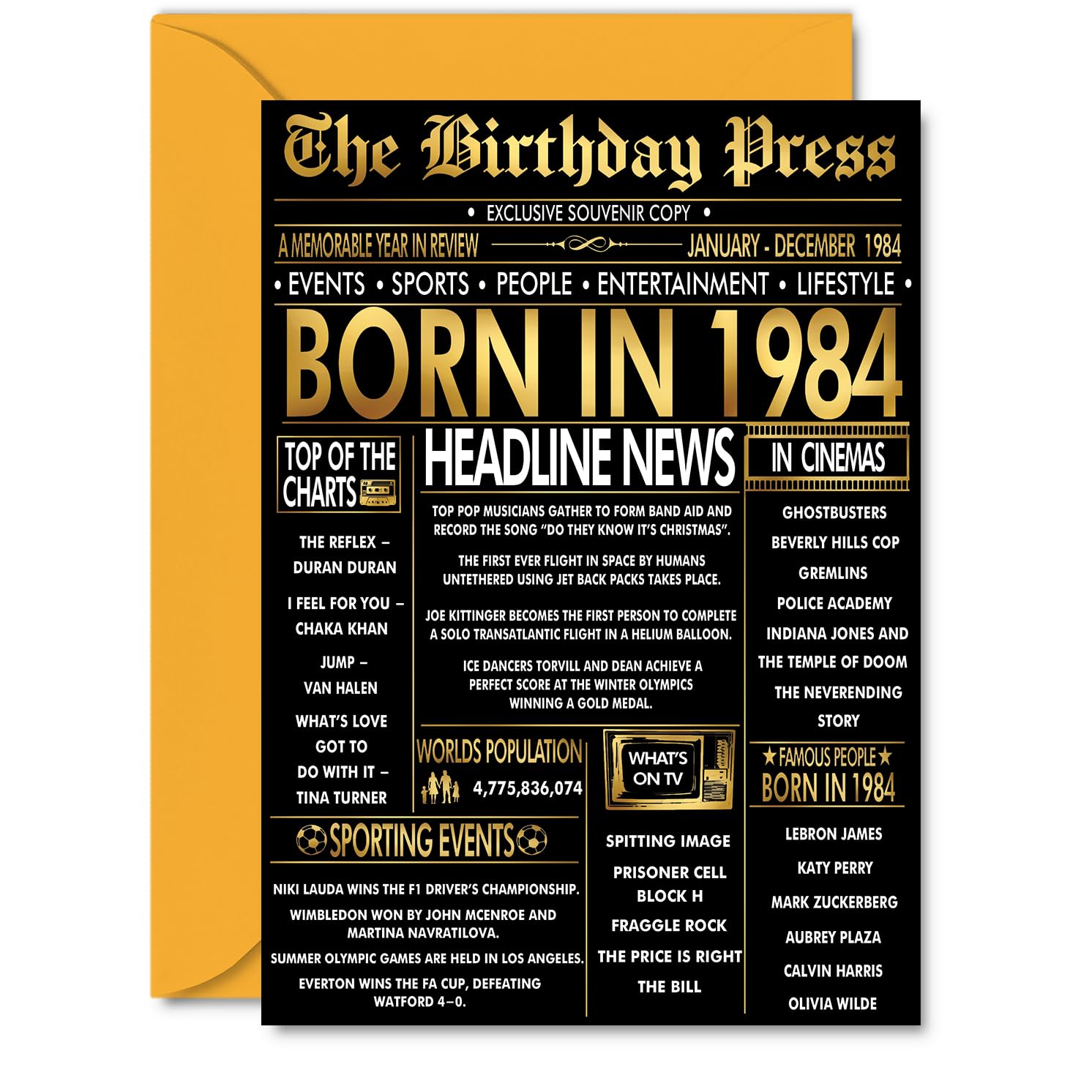 Gold 42nd Birthday Card for Men Women - Black & Golden Newspaper Born in 1984 - Happy 42 Birthday Cards for Husband Auntie Wife Nephew Dad Niece, A5 Bday Greeting Cards