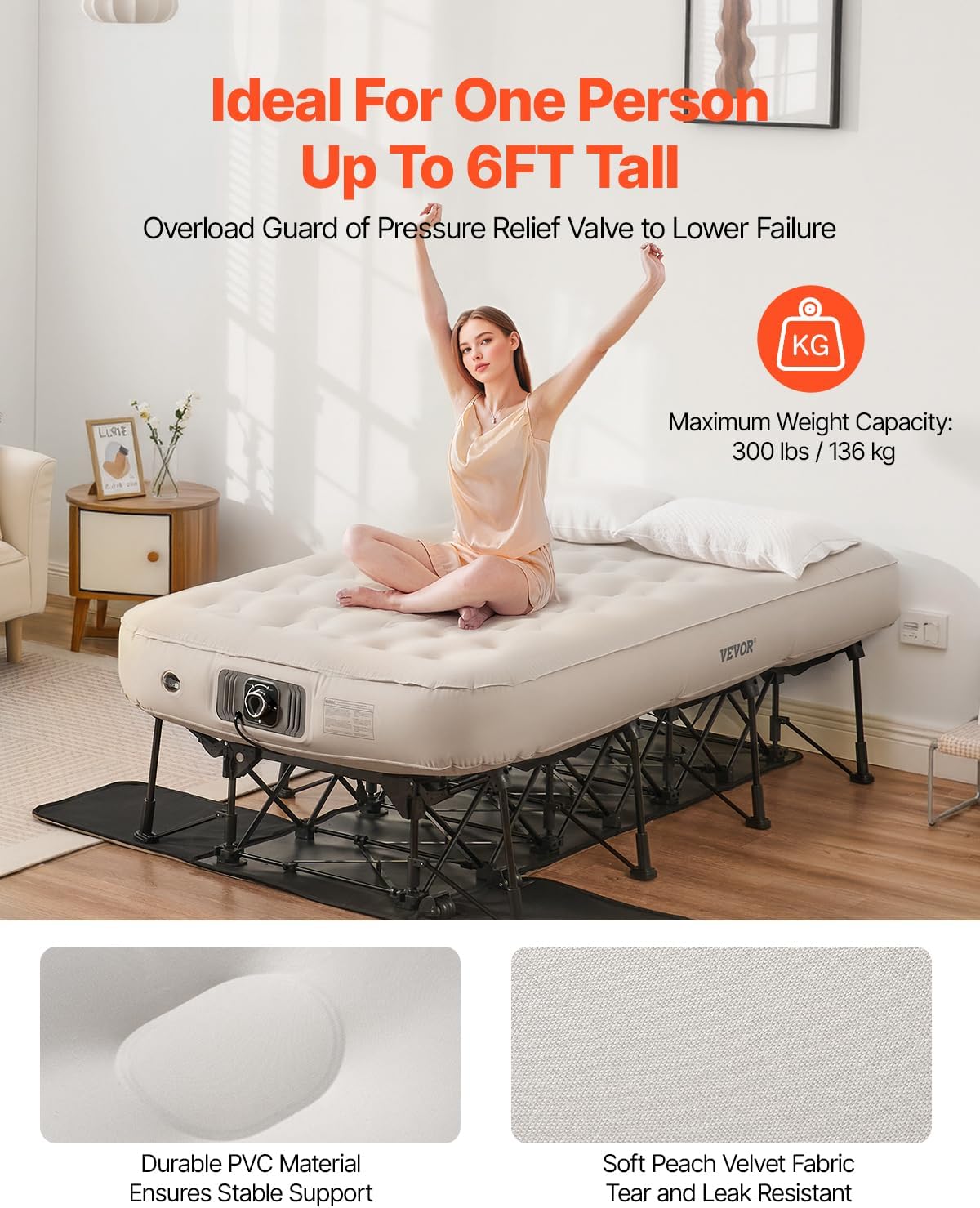 VEVOR Air Mattress with Frame, Inflatable 1 Person Camping Cot with Built-in Pump, Portable Folding Air Beds Supports 300 lbs, Blow Up Bed for Guests Camping Travel Indoor & Outdoor Use