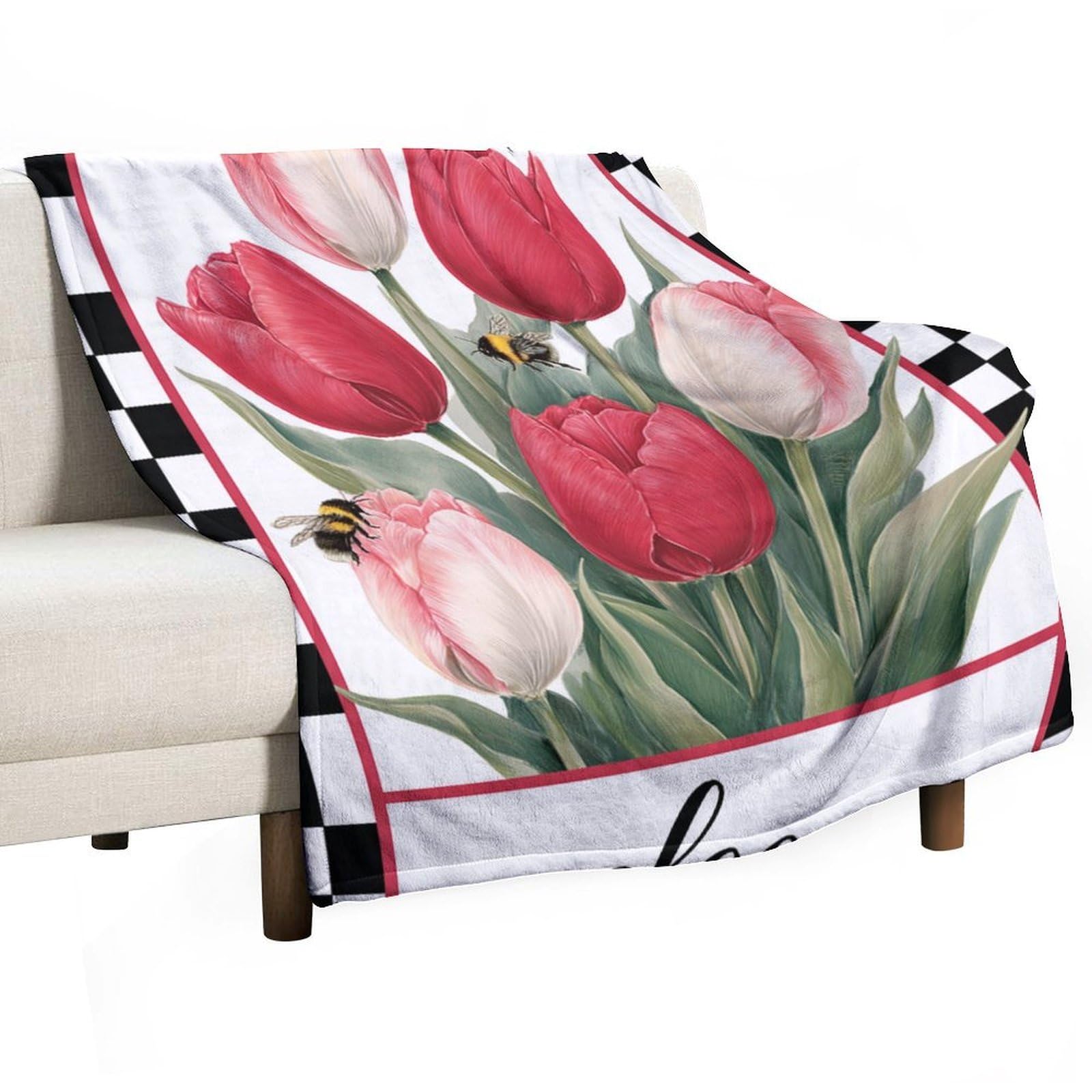 Jubonexis Cluster of Red Pink Tulips Bee Anti Pilling Throw Blankets Cozy Durable Blanket for Bedroom Living Rooms Couch Sofa Bed 130x150cm(50x60in)