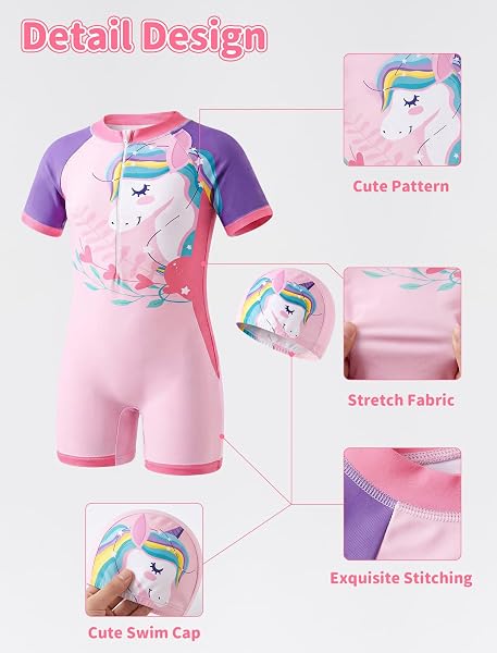 Maillot de Bain Fille et Garçon, Enfants Combinaison de Natation Une Pièce à Manches Courtes avec Bonnet et Fermeture Éclair Été Séchage Rapide Costume de Bain pour Plage Piscine 4-10 Ans - 4