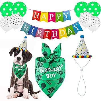 TCBOYING Dog Birthday Bandana, Dog Birthday Boy Hat Scarfs Flag Balloon with Cute Doggie Birthday Party Supplies Decorations(11-Piece Set) (Green)