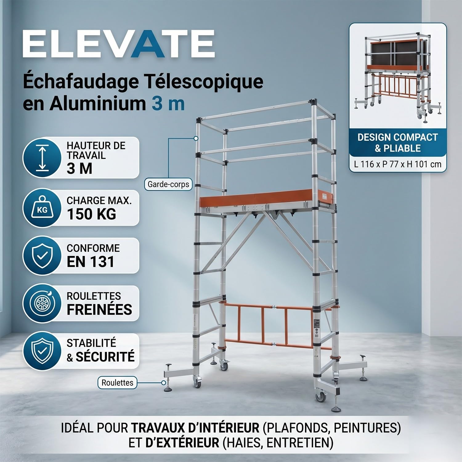Elevate Echafaudage en Aluminium Hauteur de Travail 3 m 10 marches