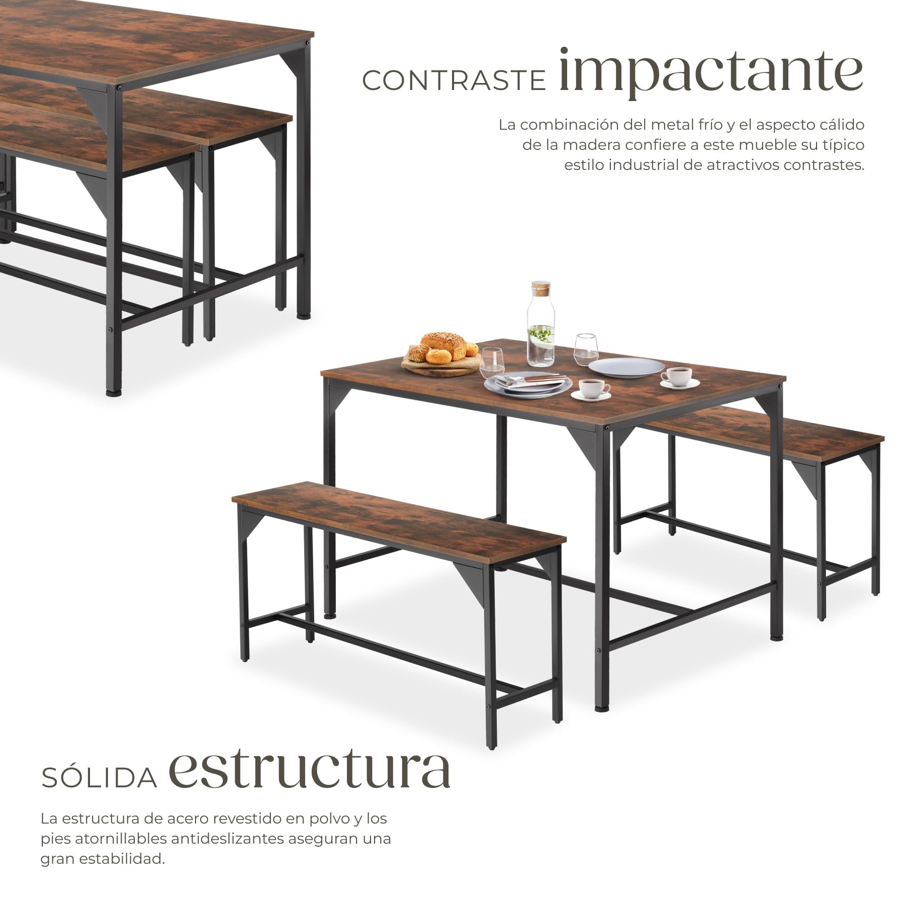 tectake® Conjunto de Mesa y Bancos, Estilo Industrial Minimalista, Mesa de Comedor con Banco, Muebles para Salón y Cocina, Marco de Acero y Madera con Revestimiento en Polvo, Fácil Montaje - Oscuro