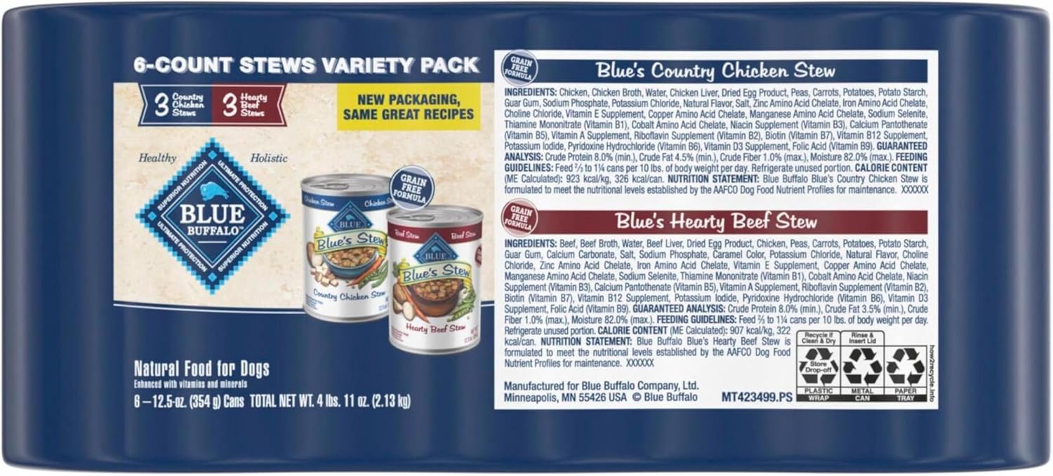 Blue Buffalo Blue's Stew Natural Wet Dog Food, Made with Natural Ingredients, Hearty Beef and Country Chicken Variety Pack, 12.5-oz Cans, 6 Count - Image 2