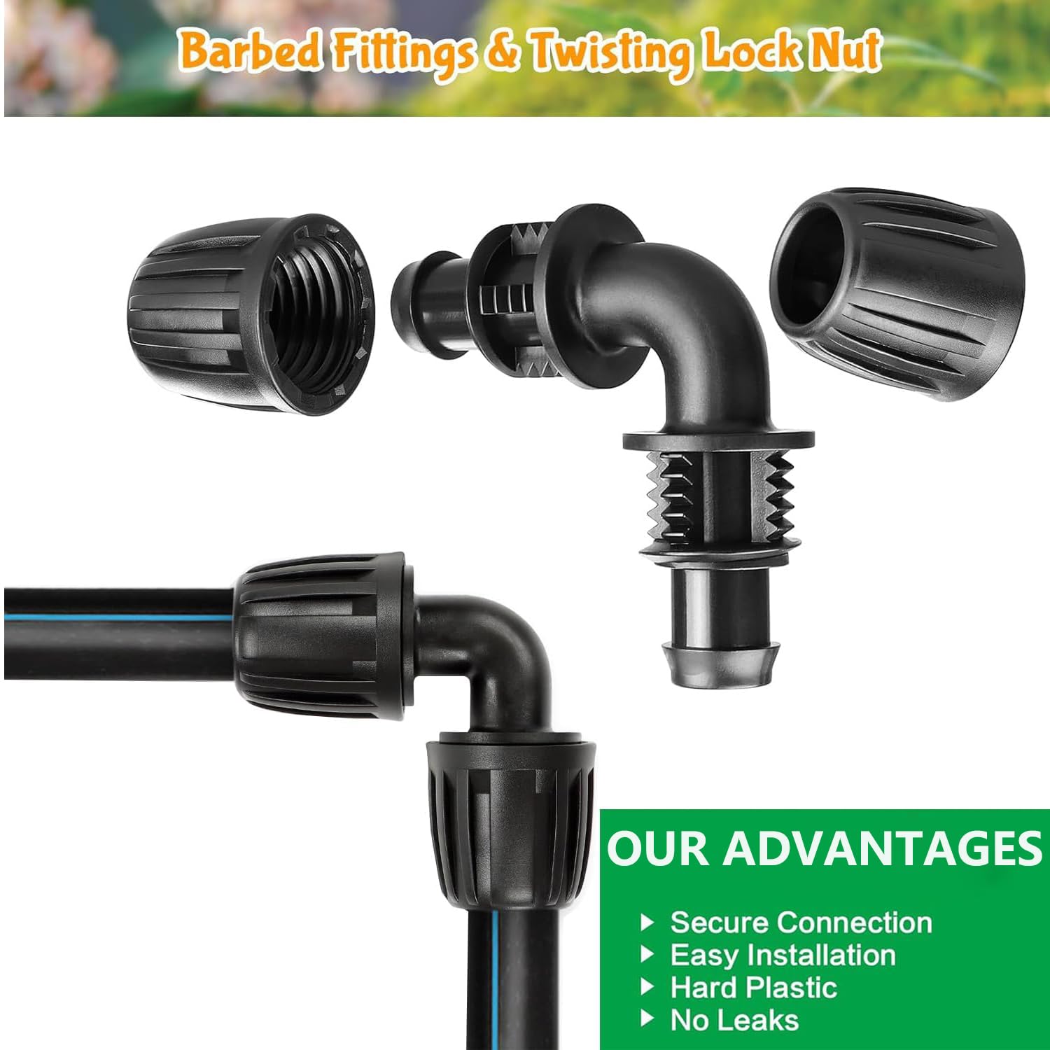 Accesorios de codo de riego por goteo, conector de codo de púas de bloqueo de 1/2 pulgada (1/2 pulgada de diámetro interior x 0.63 pulgadas de diámetro exterior), conector de riego por goteo