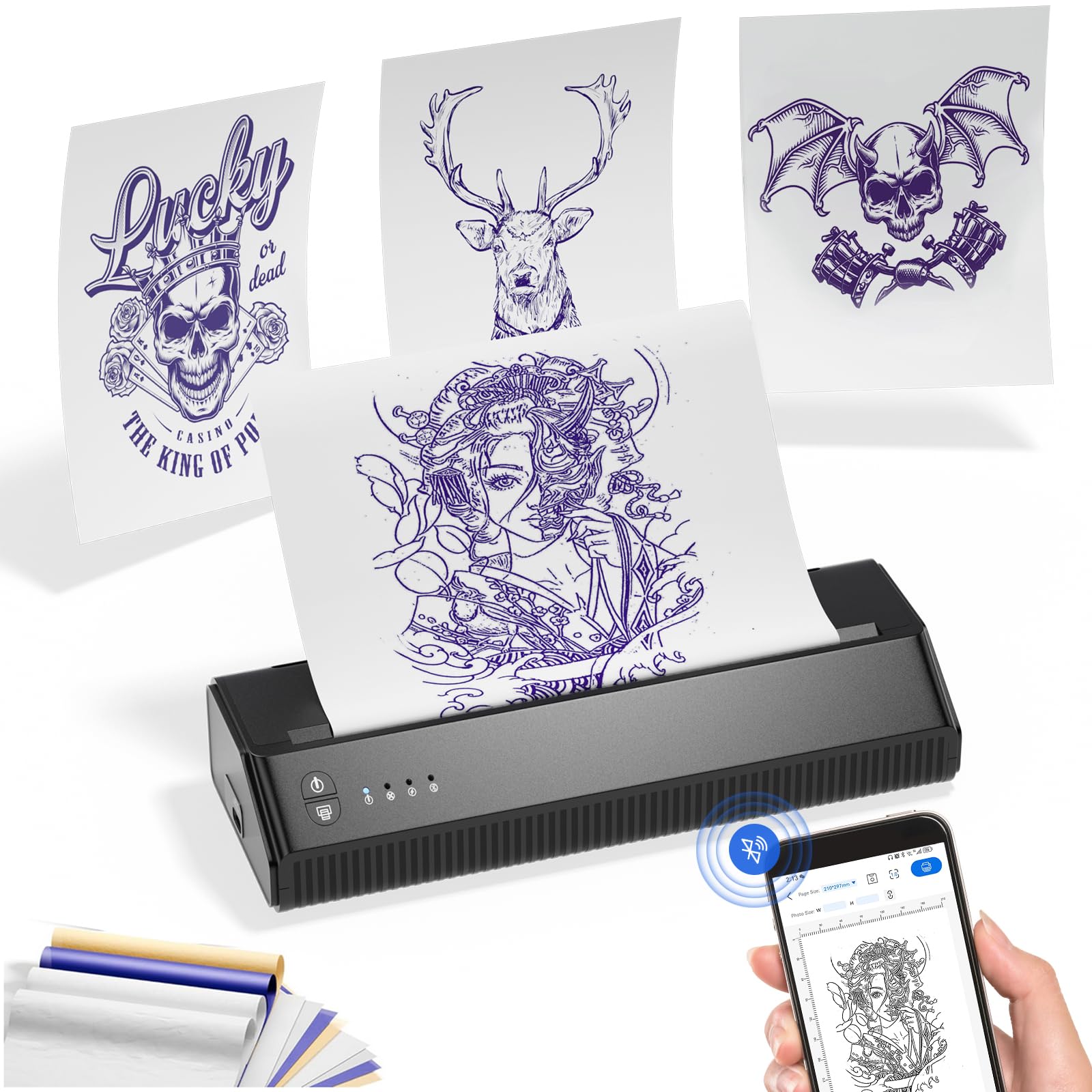TATELF Termocopiadora Tattoo Bluetooth Máquina Stencil con 10 Papel de Transferencia inalámbrica Máquina de Transferencia de Impresora termica impresión para iOS & Android