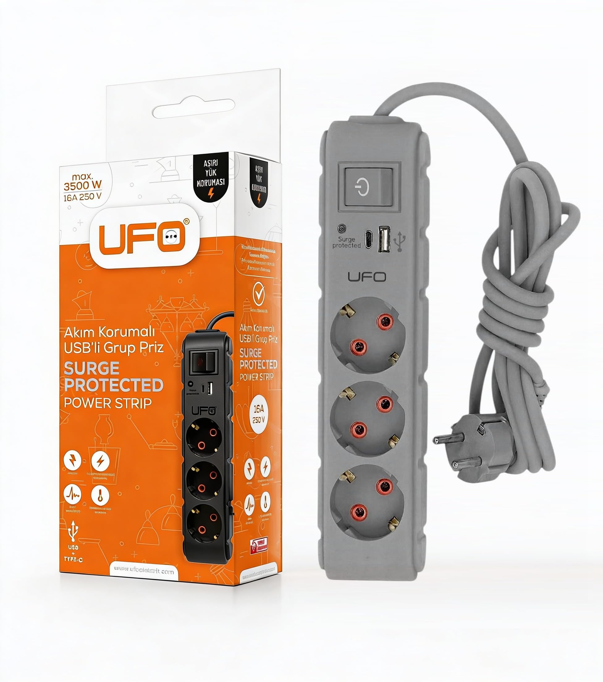 UFO Yeni 3lü Akım Korumalı Grup Priz 0,5 Metre Bakır Kablolu, 5V 2,4A USB ve Type-C ile Şarj, Anahtarlı Topraklı Priz, Sürekli Koruma, 16A 250V, Max 3500W Aşırı Yük Koruması, 0,5m. Gri renk