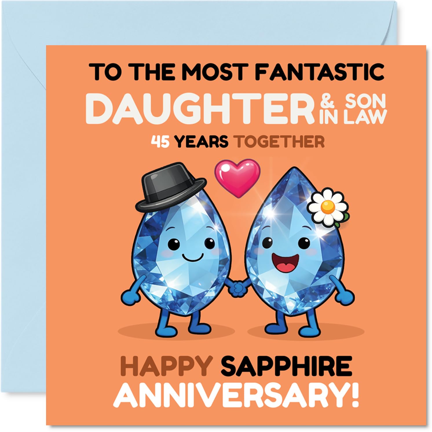 Playful 45th Anniversary Card for Daughter & Son in Law - Sparkling Smiles for 45 Years - Gem-themed Illustration with Joyful Colours - 145mm Square, Envelope Included