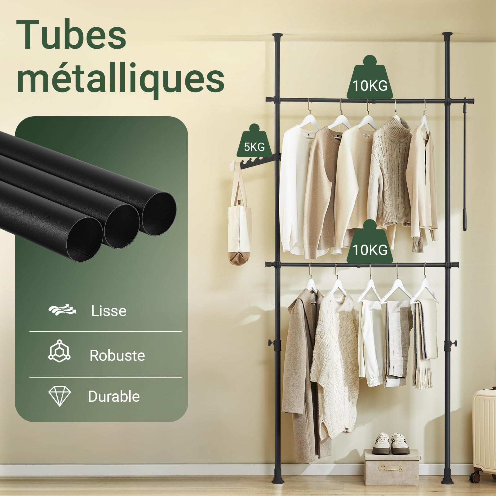 SoBuy Tringle à Vêtements Télescopique robuste pour dressing | Portant à vêtements réglable avec barres de suspension, rangement chambre, Noir FRG109-II-SCH