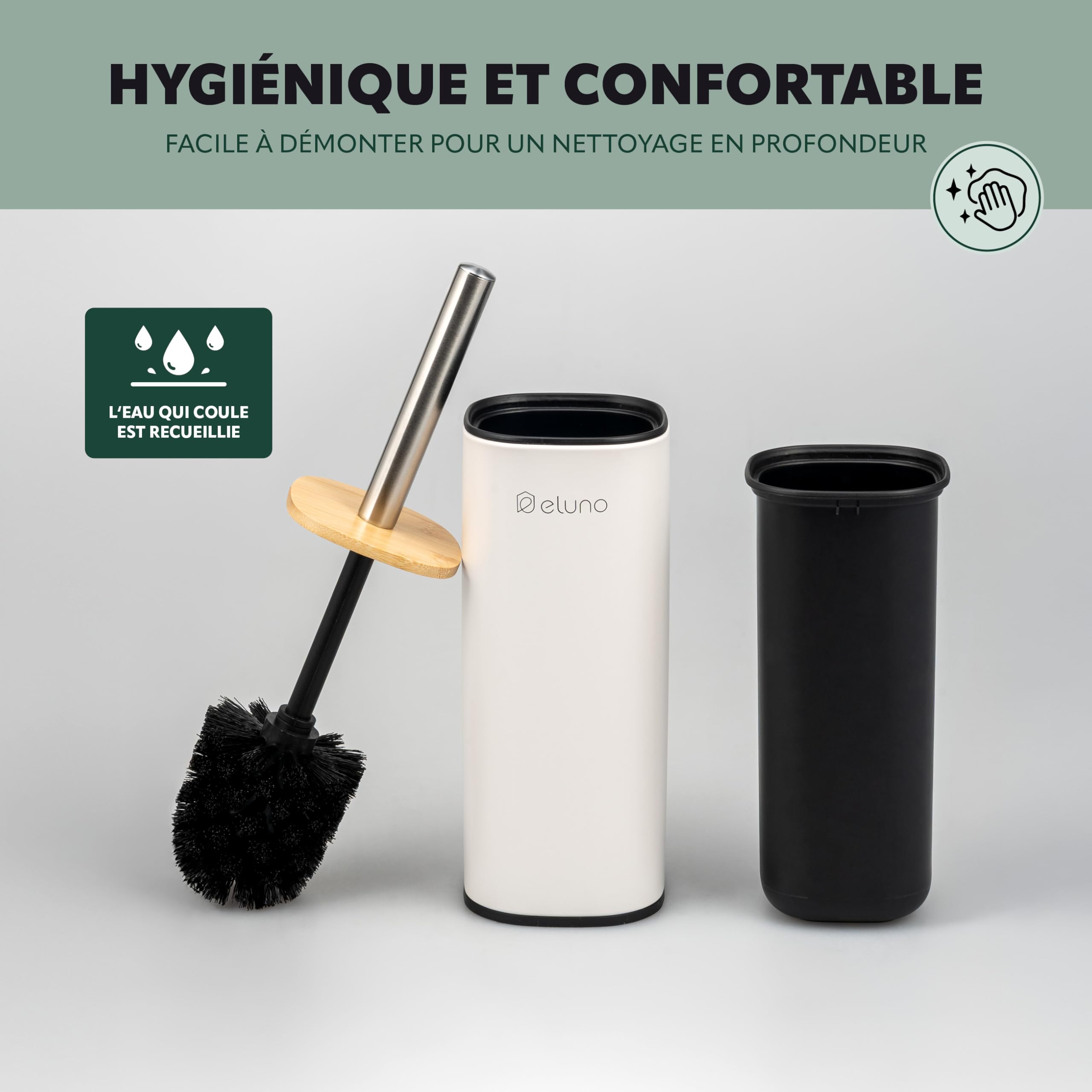 eluno Framura - Lot de 2 accessoires de salle de bain - 1 poubelle de salle de bain avec couvercle à fermeture douce et une capacité de 5 litres et 1 ensemble WC - En métal avec couvercle en bambou