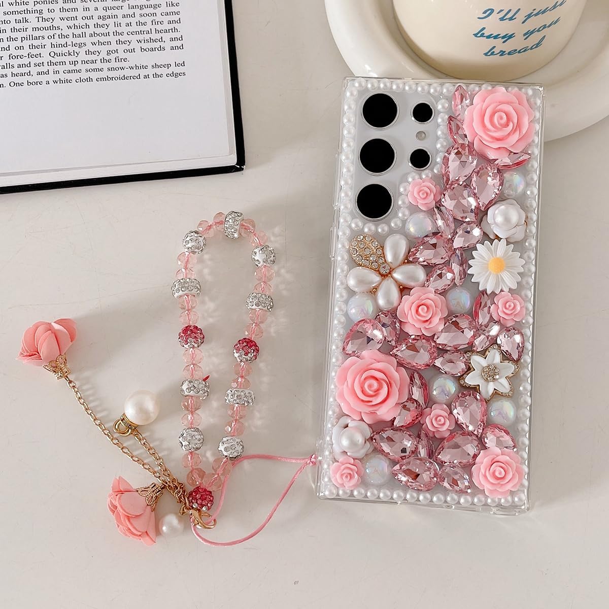 Changjia for Samsung Galaxy S25 Ultra Glitter Bling Case,Cute Luxury 3D Sparkle Crystal Rhinestones Flowers Diamond Pearl with Lanyard Wrist Strap Women Girls Case for Galaxy S25 Ultra 6.9 Inch (Pink) - Image 9