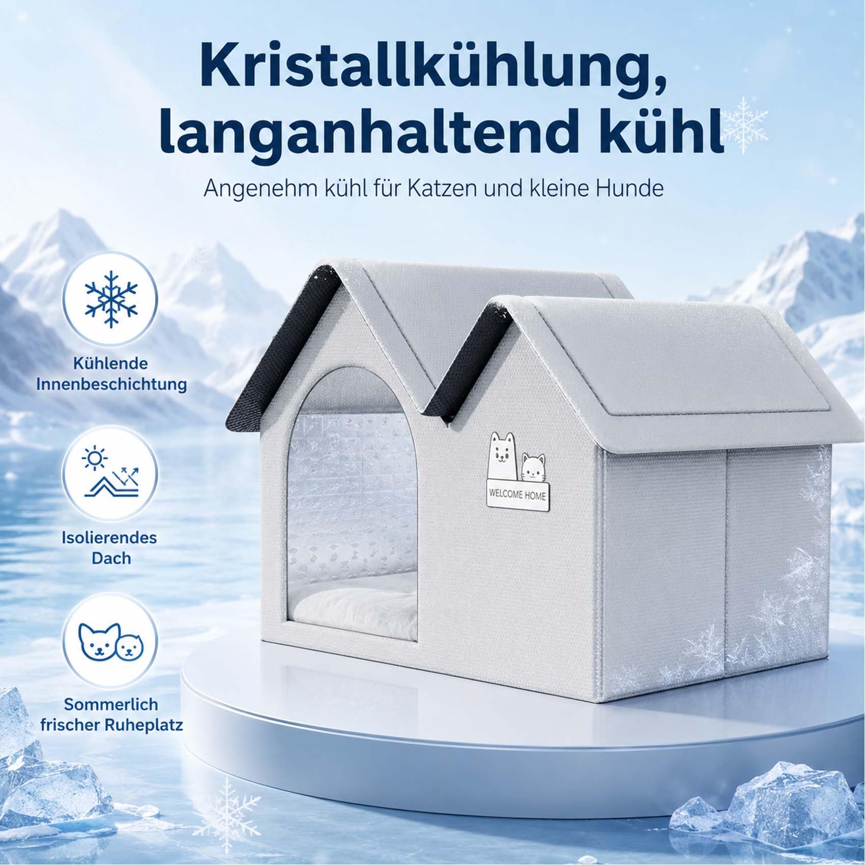 Katzen KüHlhaus, KüHlhaus füR Katzen, BelüFtetes Katzens- Und Hundehaus mit 10 KüHlakkus, Zusammenklappbares KüHlh aus füR Kleine Mittlere GroßE Tierrassen (B,60 * 42 * 38)