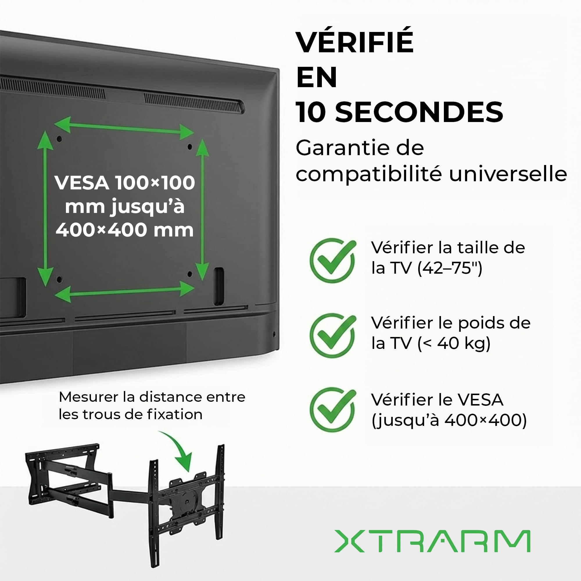 TiTon 120 cm - Support Mural TV - 40 kg - VESA 400x400 - Fixation Murale TV de 42 Pouces à 75 Pouces - Kit Complet d’Installation Inclus