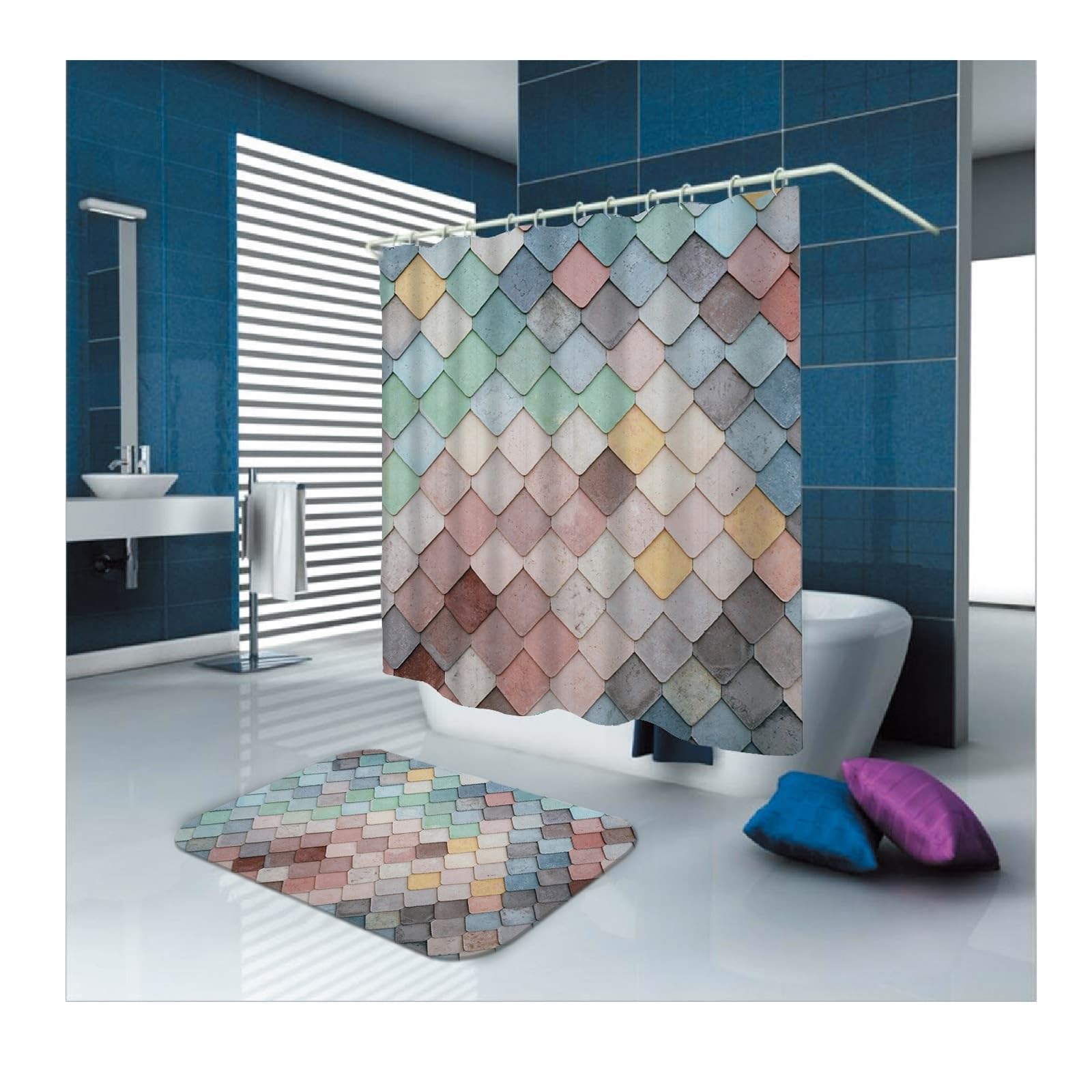 Rideau de douche multicolore 90x180 cm en textile polyester lavable avec anneaux inclus