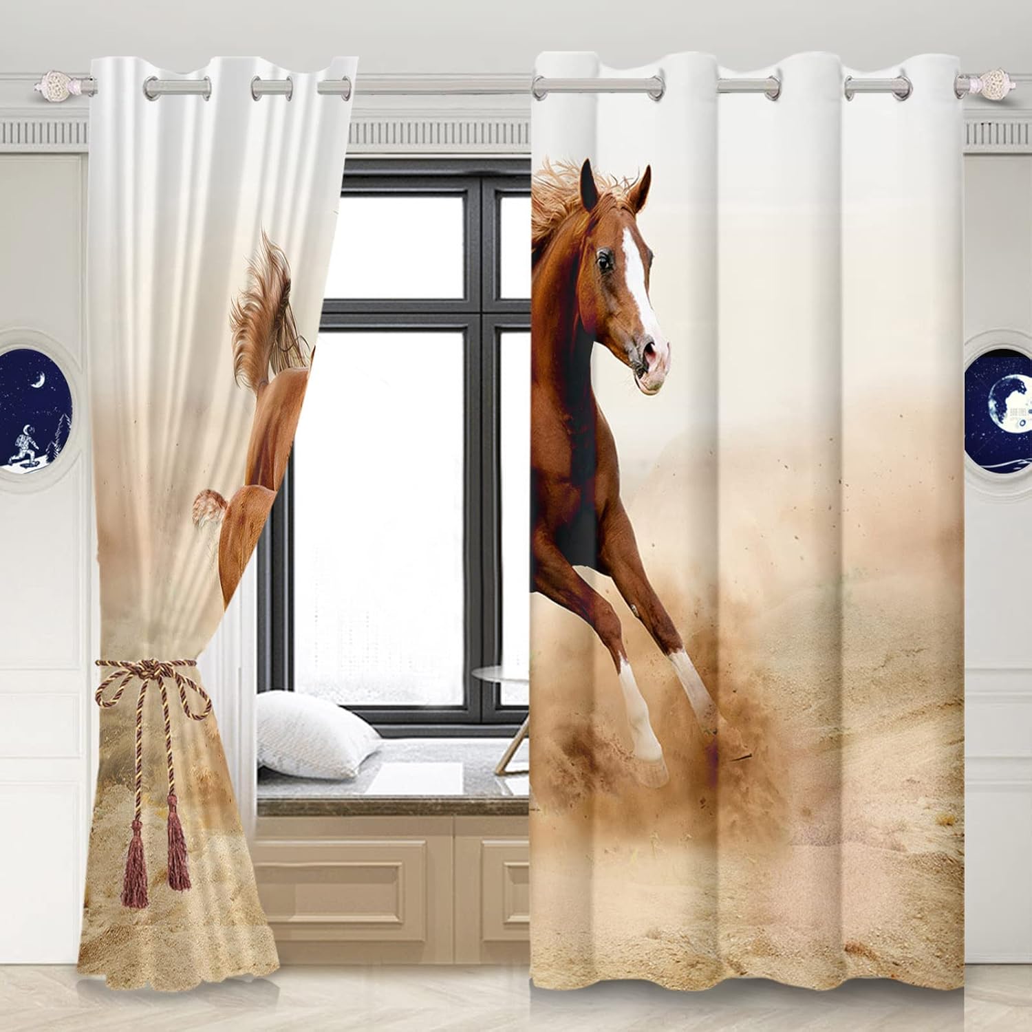Galloping Horses On Grassland Window Curtains for Bedroom Living Room Running Horse Steed Wild Animals Dusty Wasteland Darkening Window Treatment Drapes Decorations,42x63 inch,2 Panels