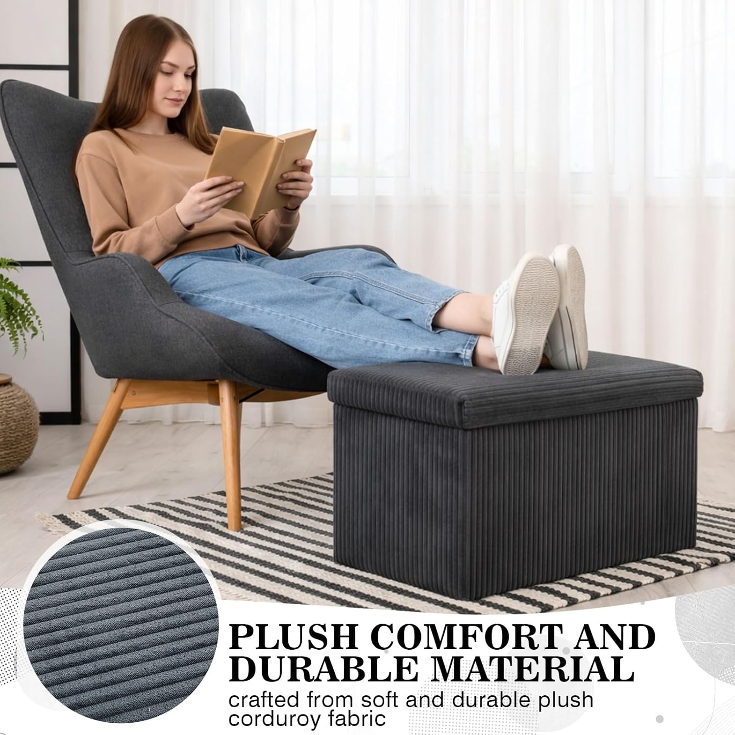 30'' Pouf Ottoman for Couch with Storage Plush Corduroy Ottoman Sectional Couch Large Foldable Gray Foot Stools for Living Room Plush Corduroy