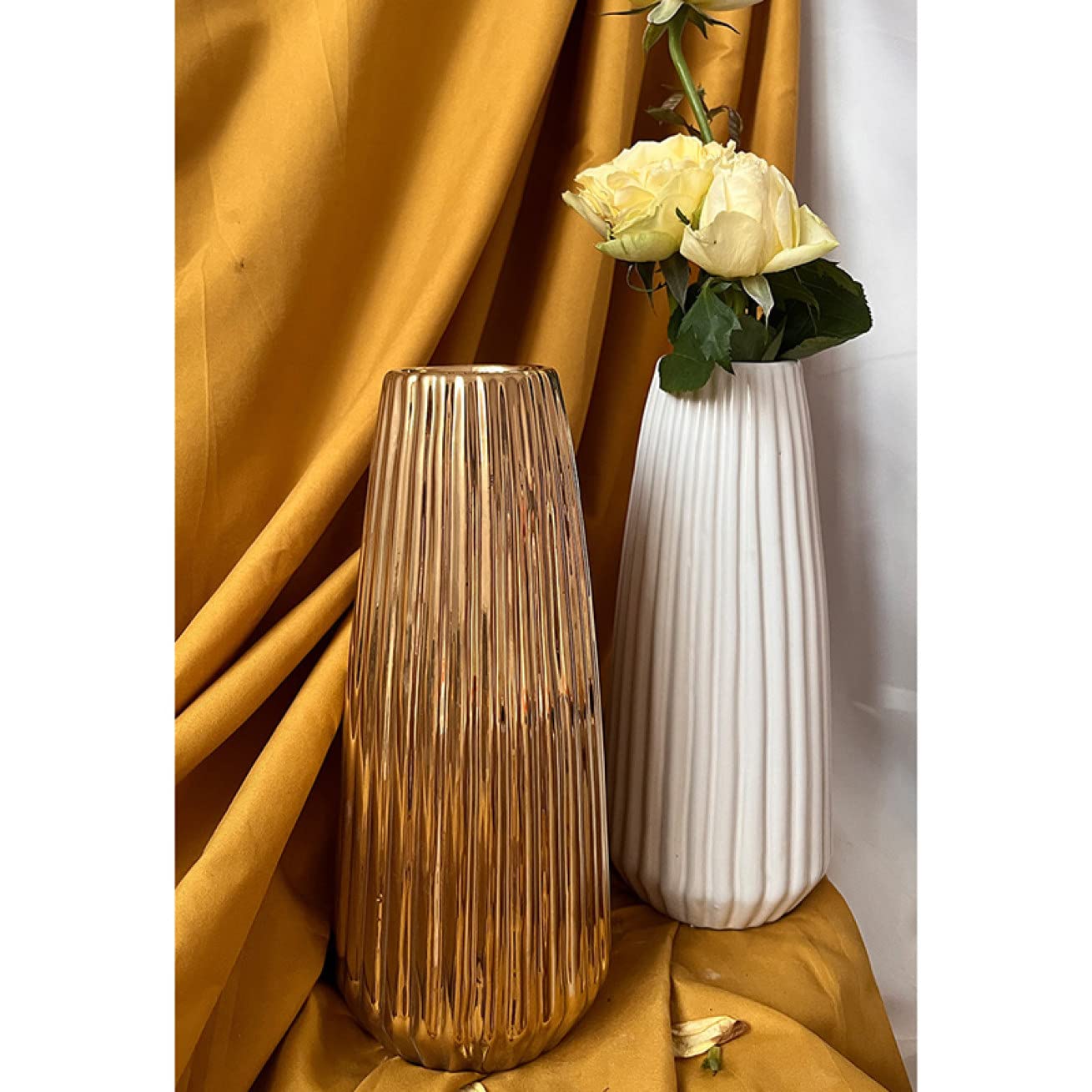 陶器製花瓶 ホワイトとゴールド Amazon.co.jp: YJFFQ 花瓶 白 ゴールド 花瓶 陶器 花瓶 花器フラワー