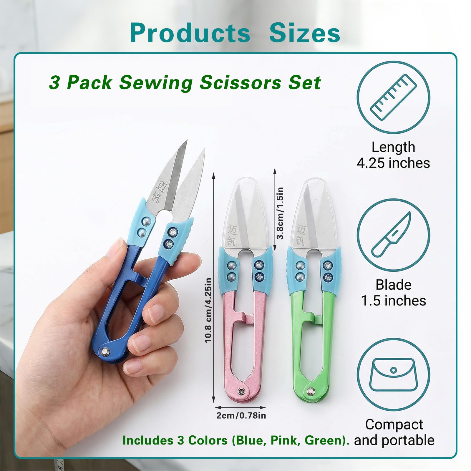 UPEOXT 3 Pack Sewing Scissors Thread Snips, Small Fabric Cutter with Cover, Mini Yarn Shears for Embroidery Knitting Crochet, Sewing Supplies, Crafting Supplies, Sharp Trimming Accessories, 4.25 Inch - 2