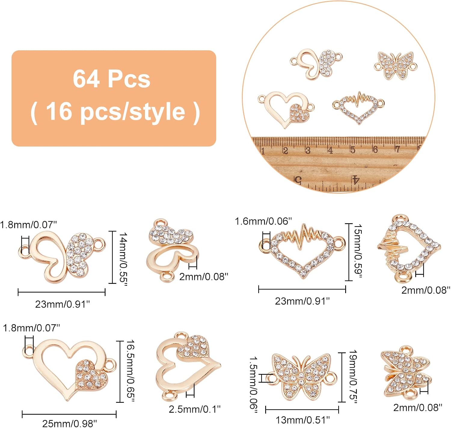 SUPERFINDINGS 64pcs 4 Styles Heart Rhinestone Connectors Butterfly Alloy Diamond Links Love Shape Golden Butterfly 2-Holes Charms Links for DIY Crafting Jewelry Making - Image 2